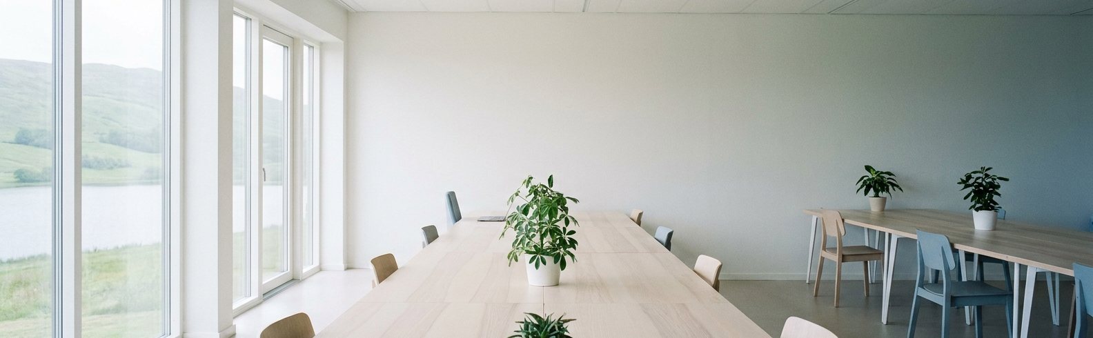 Helles Büro mit langen Holztischen und Blick über Wiesen auf einen See