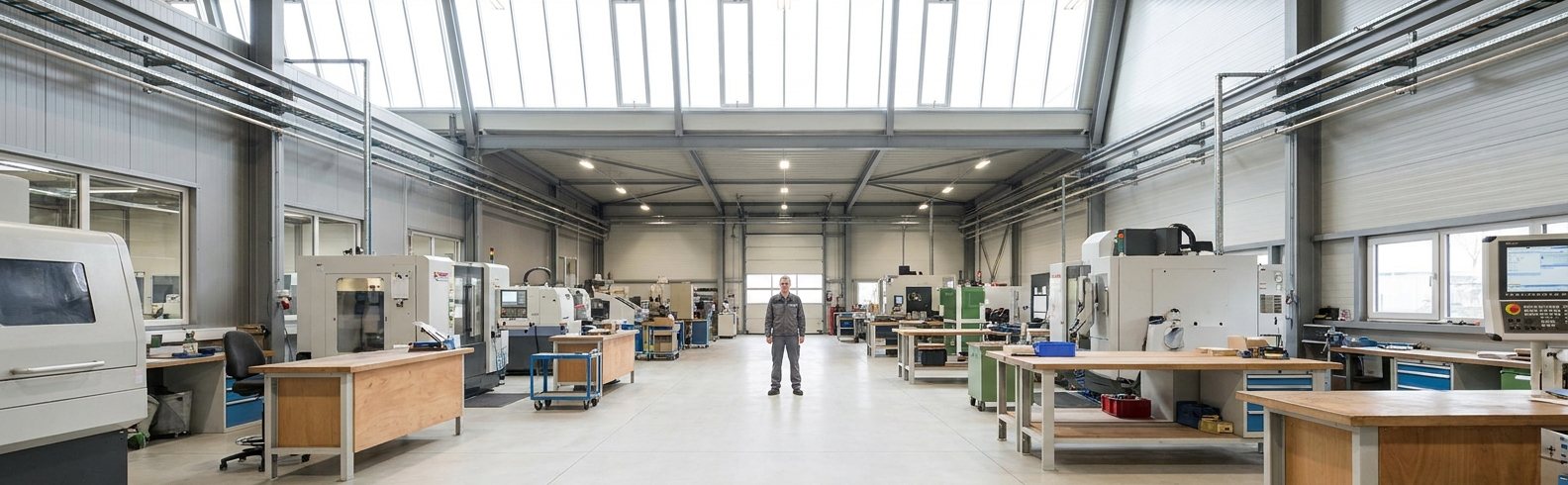 Helle Produktionshalle mit hohen Dachfenstern, in der freien Gasse steht eine Person
