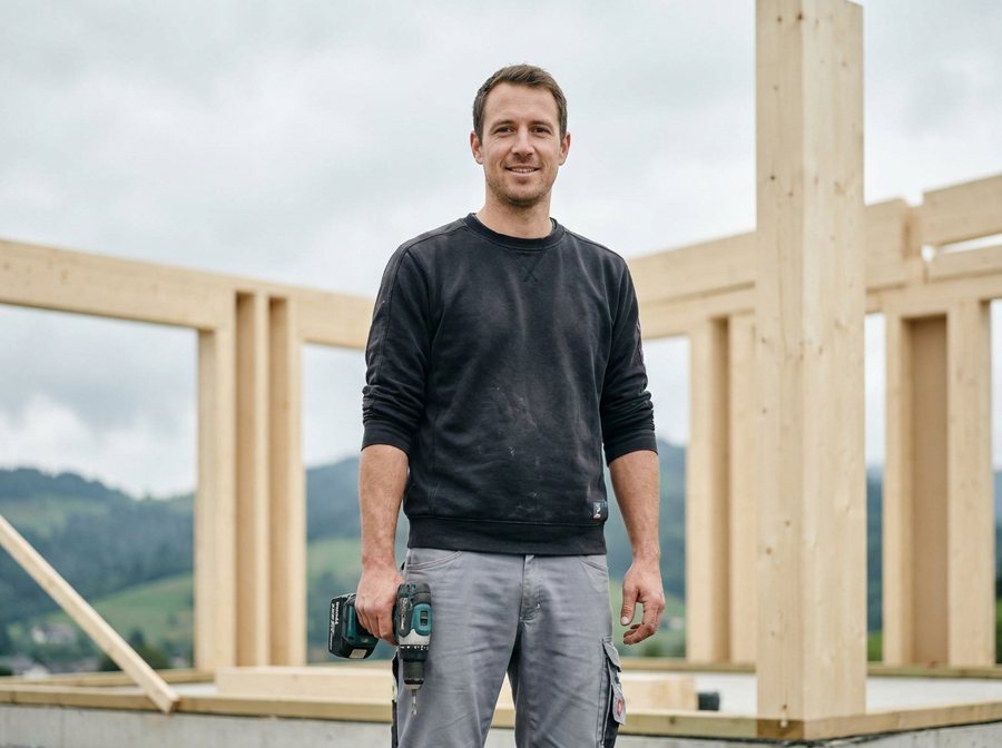 Person mit Akkubohrer vor einem aufgerichteten Holzriegelbau, dahinter grüne Hügel