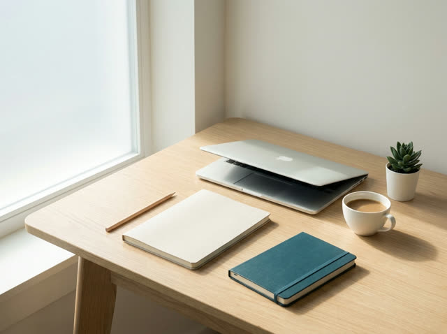Heller Schreibtisch mit Notizbuch, Laptop und Pflanze am Fenster