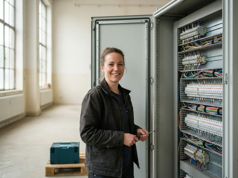 Person vor einem geöffneten Schaltschrank mit bunten Leitungen und Reihenklemmen, Blick in die Kamera