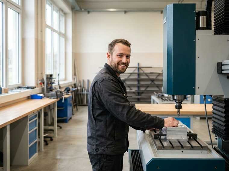 Person in dunkler Arbeitsjacke an einer Fräsmaschine in einer hellen Werkstatt, Blick in die Kamera