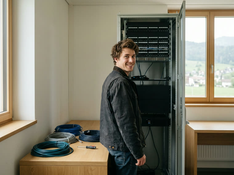 Person vor einem offenen Serverschrank, daneben aufgerollte Netzwerkkabel, Blick in die Kamera