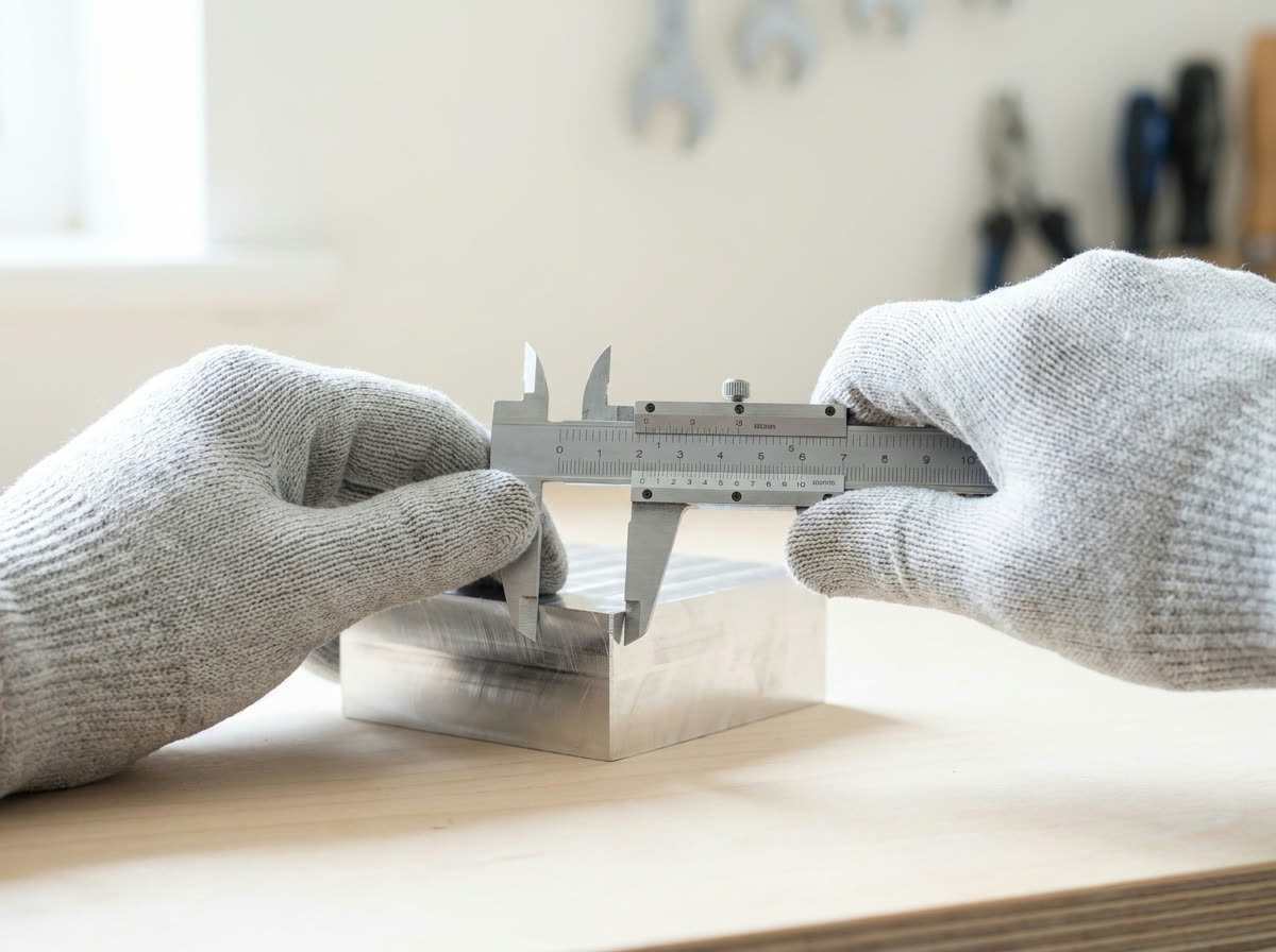 Behandschuhte Hände messen ein Metallteil mit einer Schieblehre