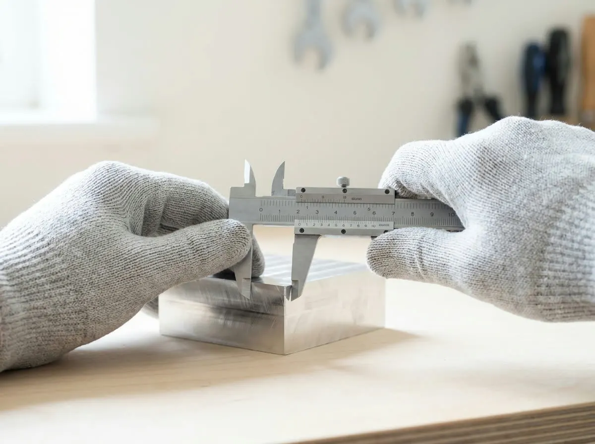 Behandschuhte Hände messen ein Metallteil mit einer Schieblehre