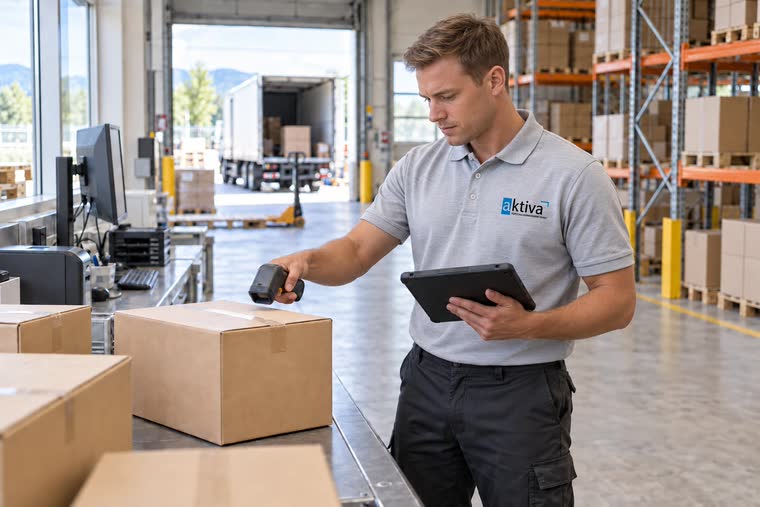 Person scannt im Lager ein Paket und hält ein Tablet, im Hintergrund eine Laderampe