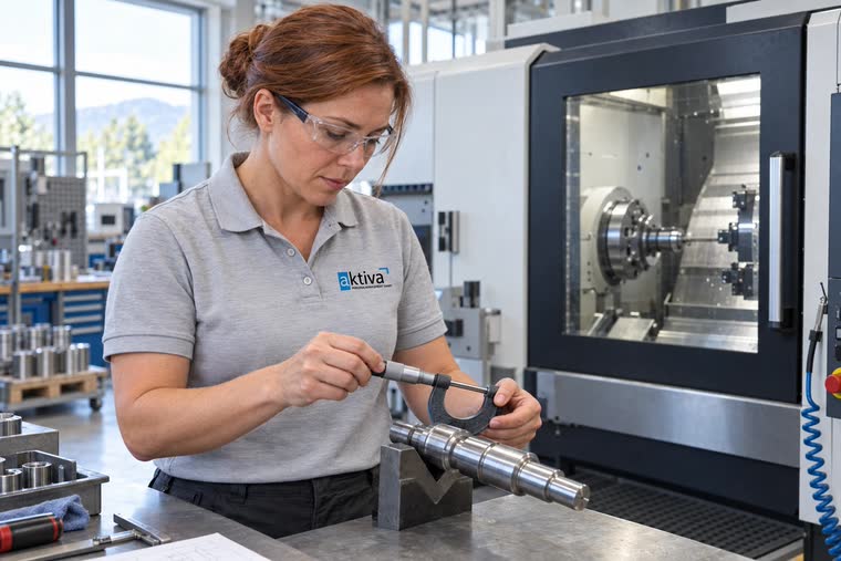 Person misst ein Drehteil mit der Bügelmessschraube vor einer CNC-Drehmaschine