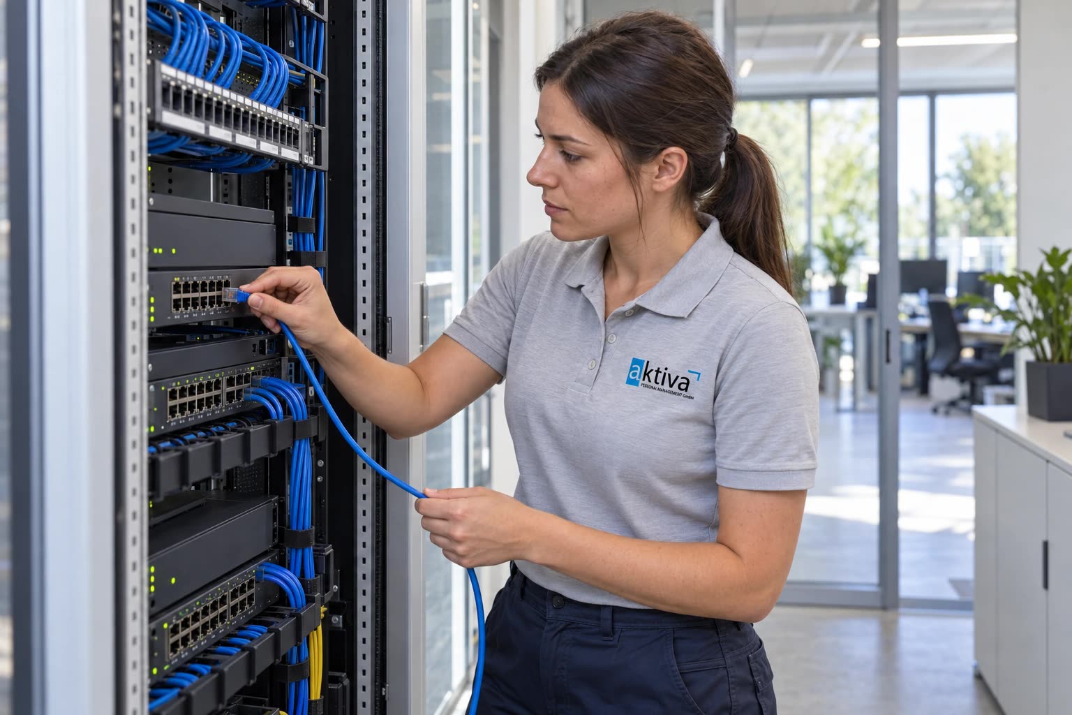 Person steckt ein Netzwerkkabel in einen Serverschrank