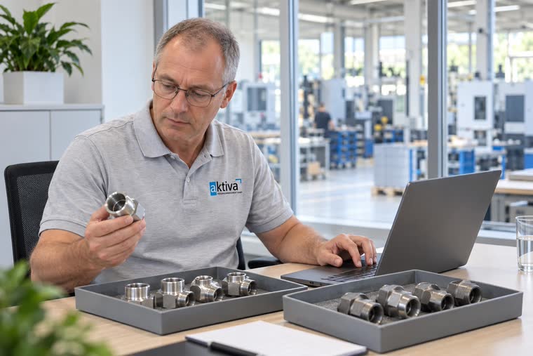Person am Schreibtisch prüft ein Metallteil, daneben Laptop und Muster in Kisten