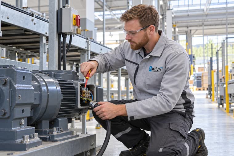 Person arbeitet mit dem Schraubendreher am Anschlusskasten eines Elektromotors