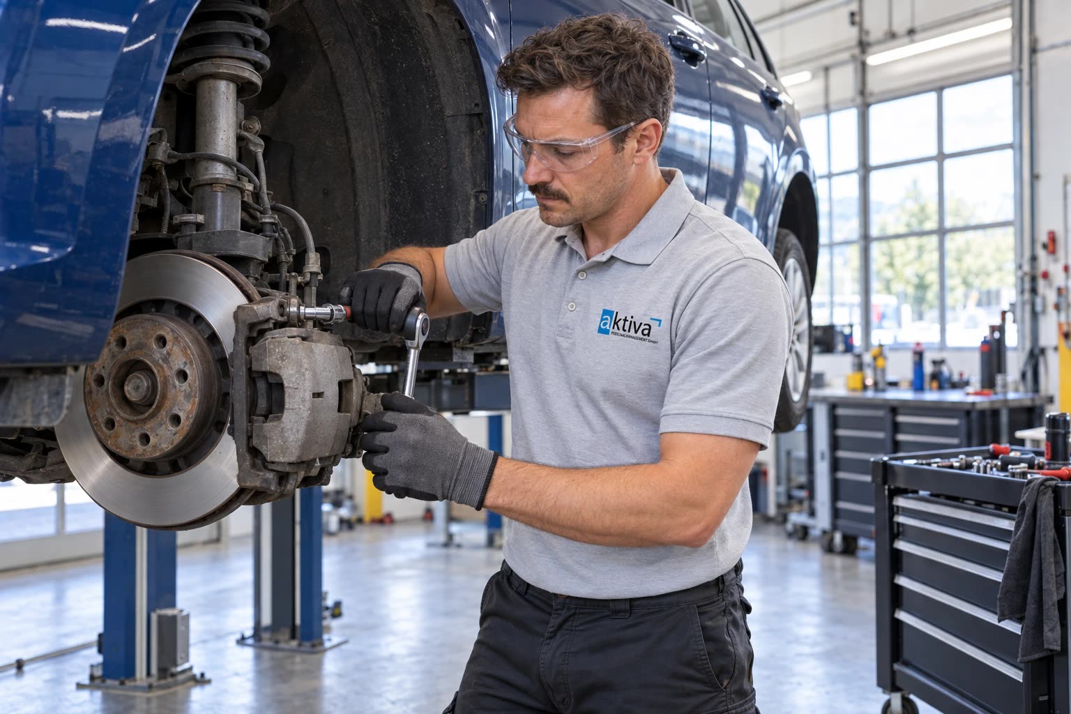 Person arbeitet an der Bremse eines Autos auf der Hebebühne