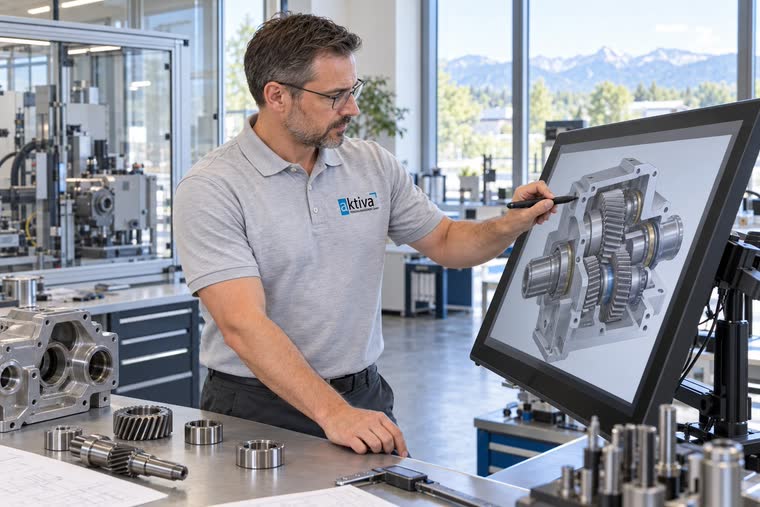 Person zeigt auf das 3D-Modell eines Getriebes am Bildschirm, davor Zahnräder auf der Werkbank