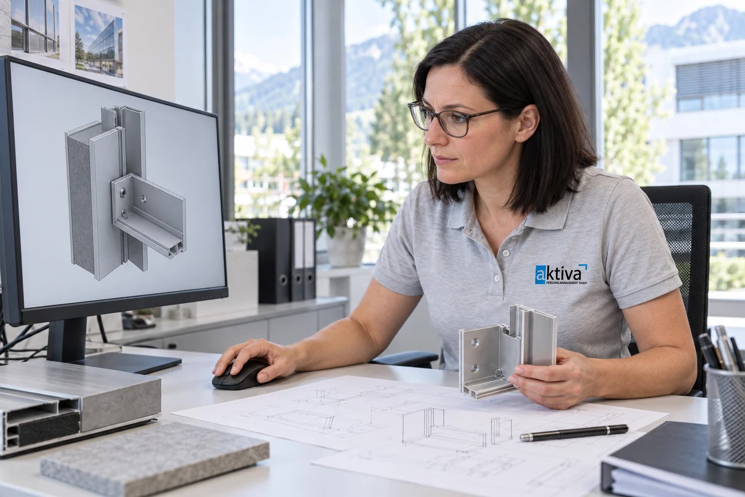 Person am Bildschirm mit einem 3D-Modell eines Aluminiumprofils, in der Hand ein Musterteil