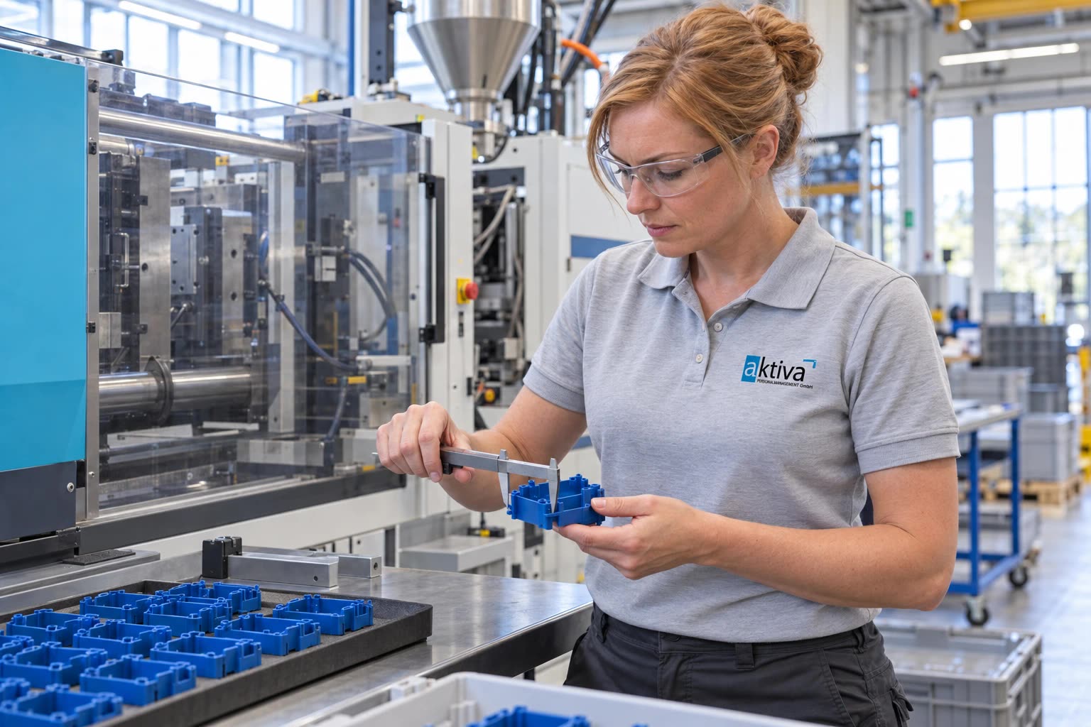 Person misst ein Kunststoffteil mit dem Messschieber an einer Spritzgießmaschine