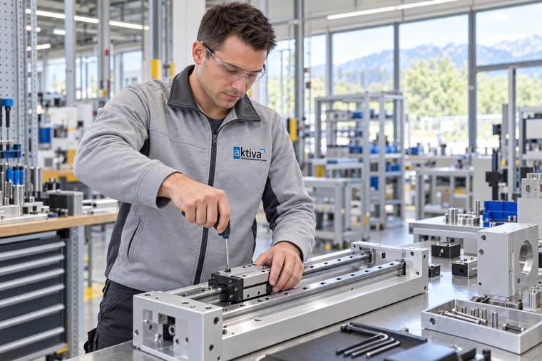 Person montiert eine Linearführung an einer Werkbank in einer Produktionshalle