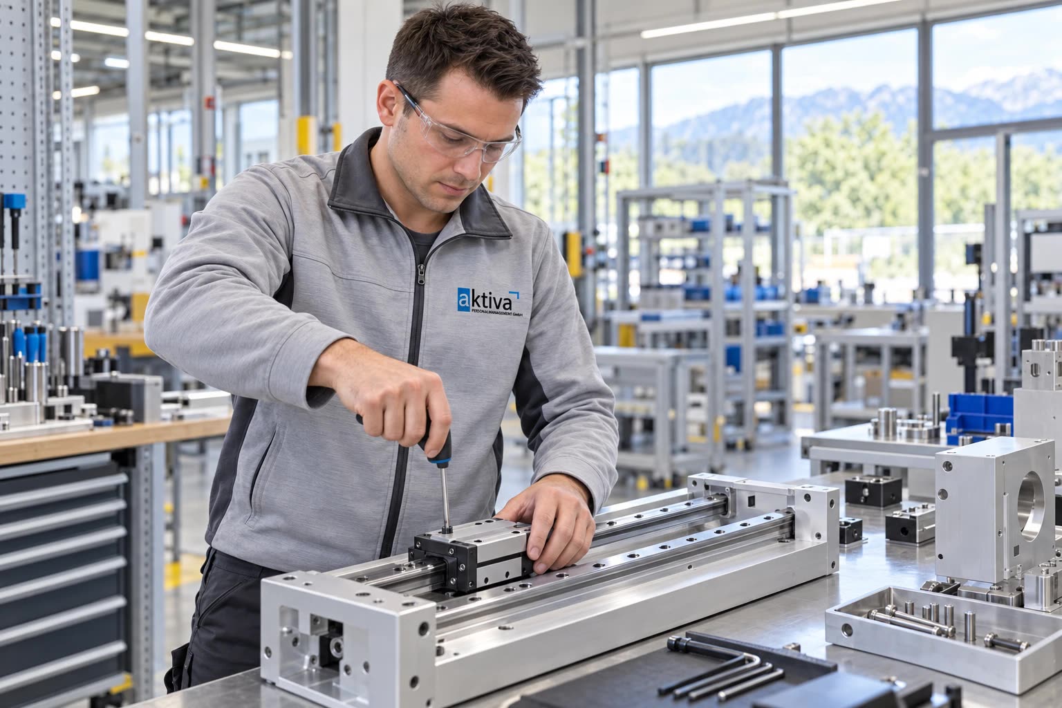 Person montiert eine Linearführung an einer Werkbank in einer Produktionshalle
