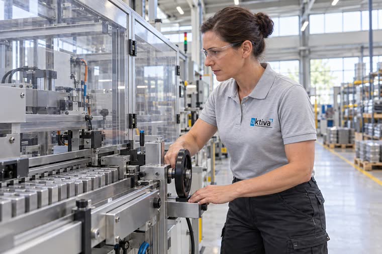 Person stellt an einer Verpackungsanlage ein Handrad ein