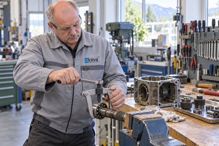 Person zieht ein Lager mit dem Abzieher von einer Welle, an der Werkbank ein Getriebegehäuse
