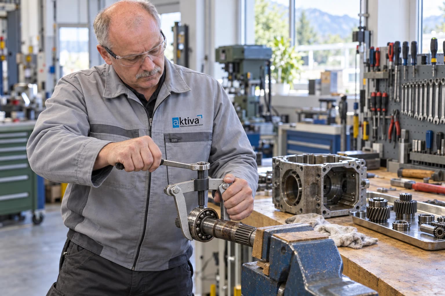 Person zieht ein Lager mit dem Abzieher von einer Welle, an der Werkbank ein Getriebegehäuse