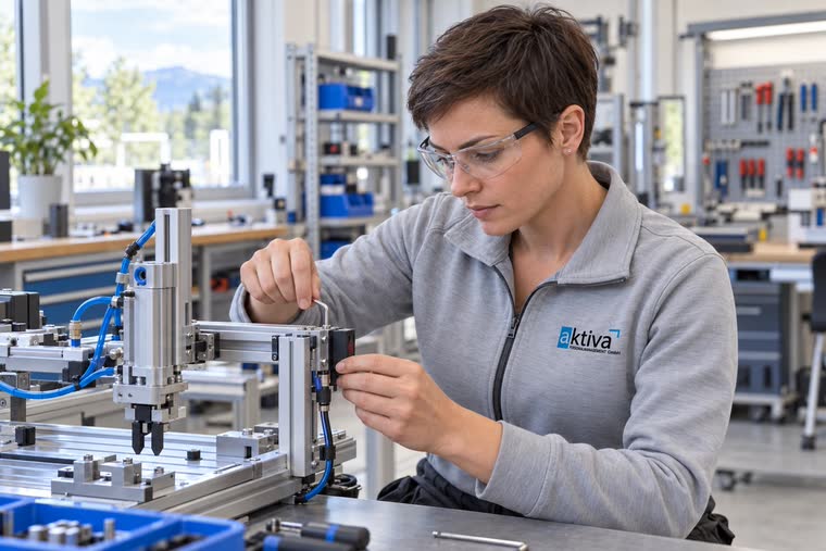 Person stellt einen Sensor an einer pneumatischen Greiferstation ein