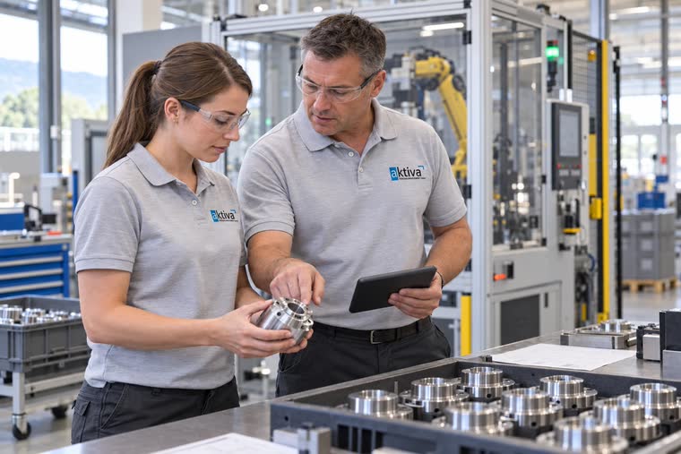 Zwei Personen prüfen ein Werkstück an einer Fertigungslinie, eine hält ein Tablet