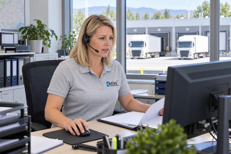 Person mit Headset am Bildschirm, durch das Fenster Lastwagen an der Laderampe