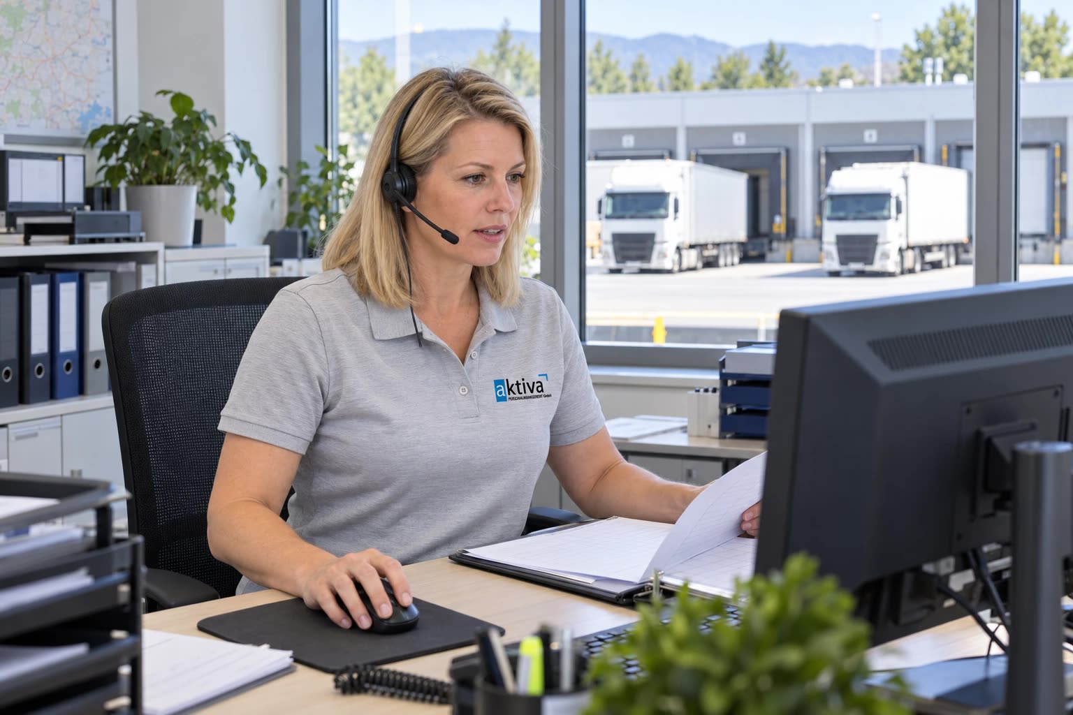 Person mit Headset am Bildschirm, durch das Fenster Lastwagen an der Laderampe