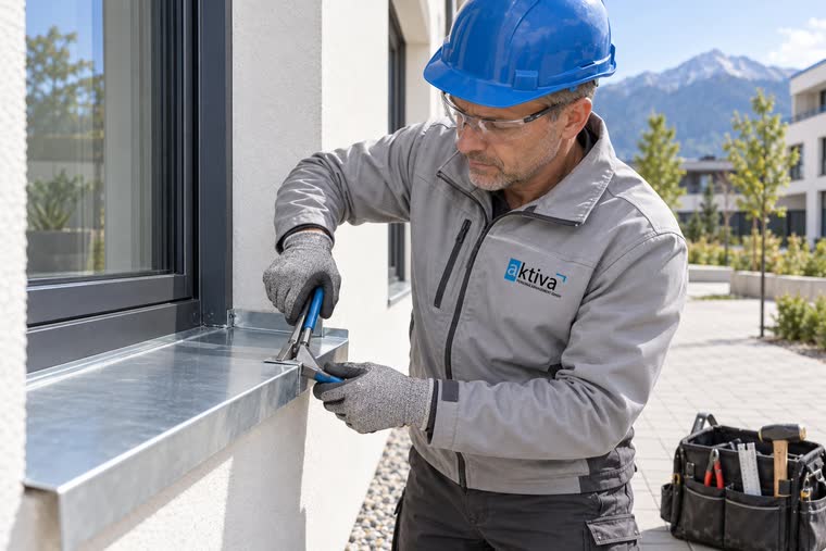 Person mit blauem Helm biegt ein Fensterblech an einer Hausfassade