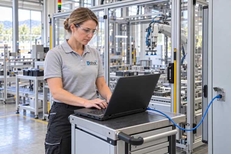 Person am Laptop, per Kabel mit einer automatisierten Anlage verbunden