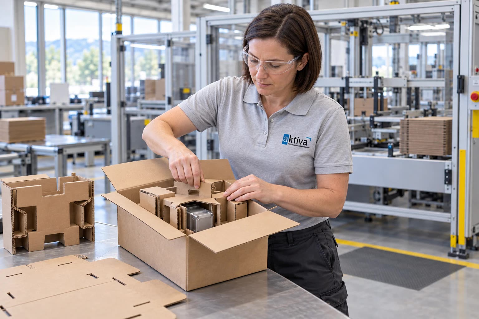 Person setzt eine Kartoneinlage in eine Versandschachtel
