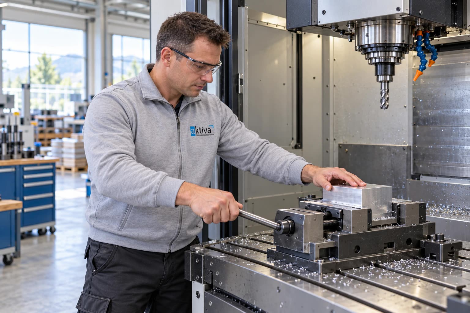 Person spannt ein Werkstück im Schraubstock einer CNC-Fräsmaschine