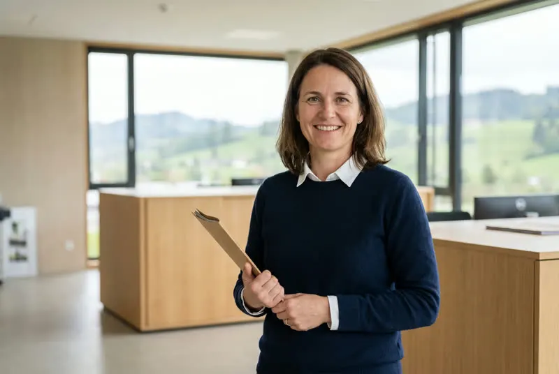 Person mit Klemmbrett in einem hellen Büro, im Fenster grüne Hügel, Blick in die Kamera