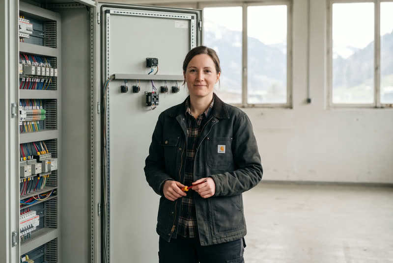 Person in Arbeitsjacke vor einem geschlossenen Schaltschrank, Blick in die Kamera