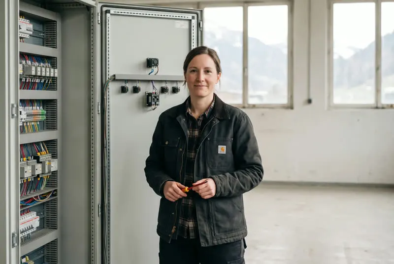 Person in Arbeitsjacke vor einem geschlossenen Schaltschrank, Blick in die Kamera