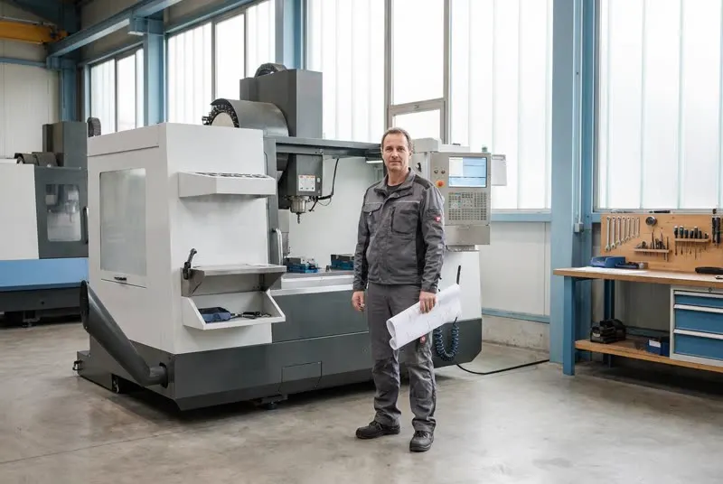 Maschinenbauer mit technischer Zeichnung vor einer CNC-Fräse, er sieht in die Kamera